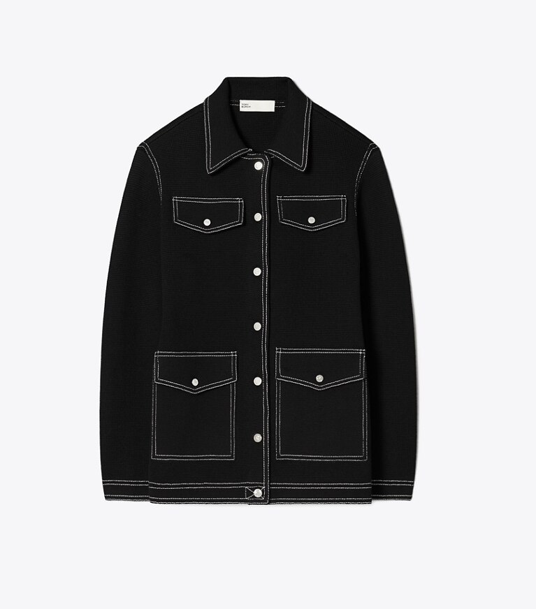 Tory Burch diseñador suéteres Chaqueta de lana con pespuntes en Black frente