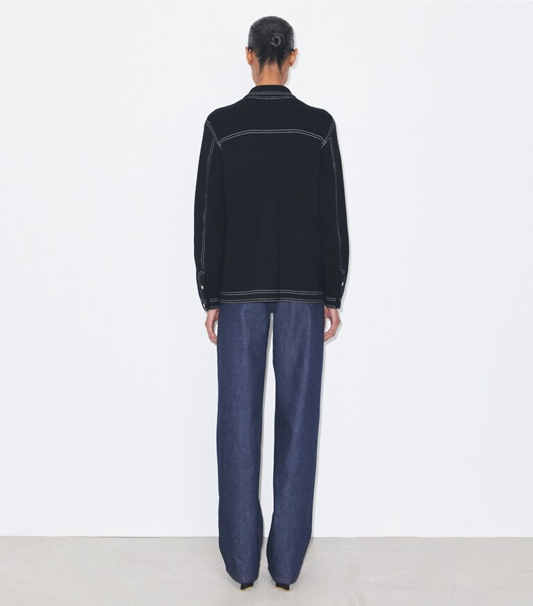 Tory Burch diseñador suéteres Chaqueta de lana con pespuntes en Black parte posterior en modelo