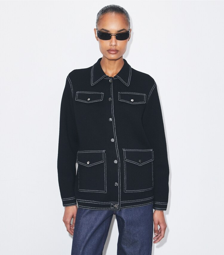 Tory Burch diseñador suéteres Chaqueta de lana con pespuntes en Black detalle en modelo