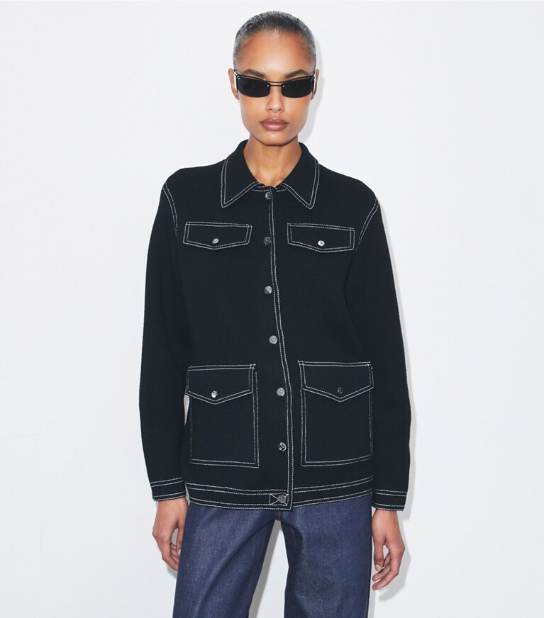 Tory Burch diseñador suéteres Chaqueta de lana con pespuntes en Black detalle en modelo