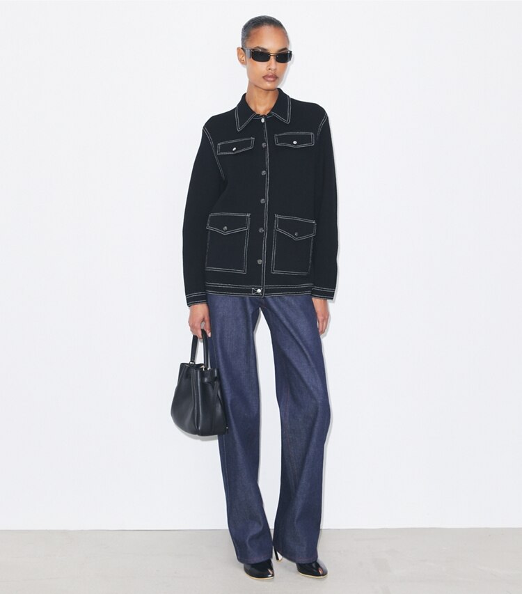 Tory Burch diseñador suéteres Chaqueta de lana con pespuntes en Black frente en modelo