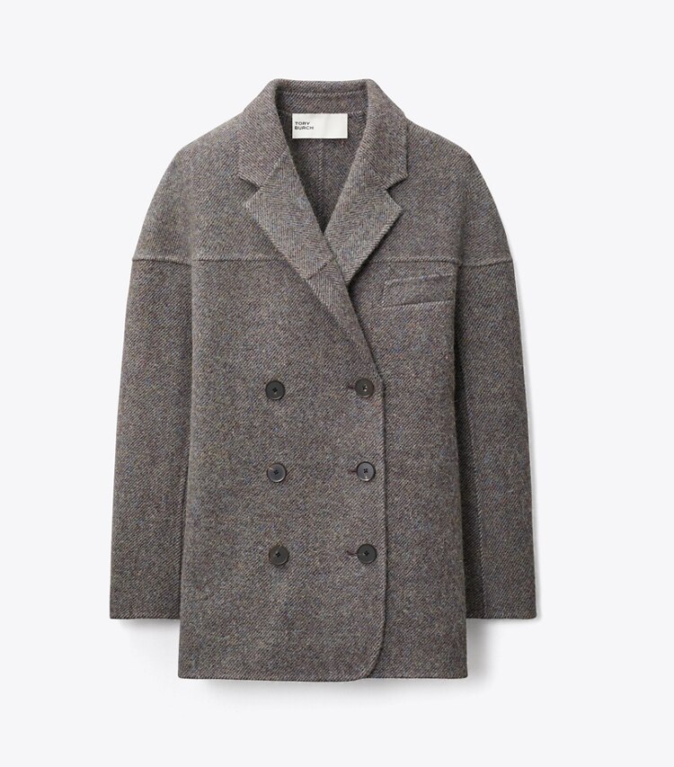 Tory Burch diseñador abrigos Chaqueta de lana de espiga en Gray Herringbone frente