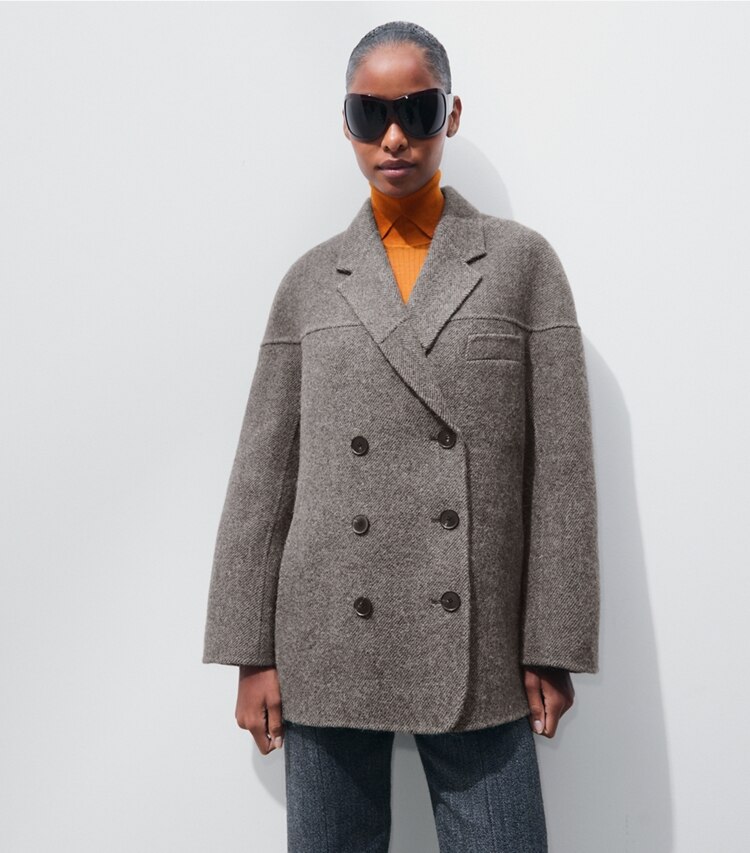 Tory Burch diseñador abrigos Chaqueta de lana de espiga en Gray Herringbone detalle en modelo