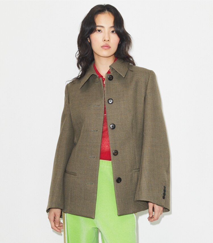 Tory Burch diseñador chaquetas Chaqueta de lana en Brown detalle en modelo