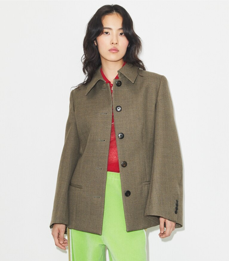 Tory Burch diseñador chaquetas Chaqueta de lana en Brown detalle en modelo