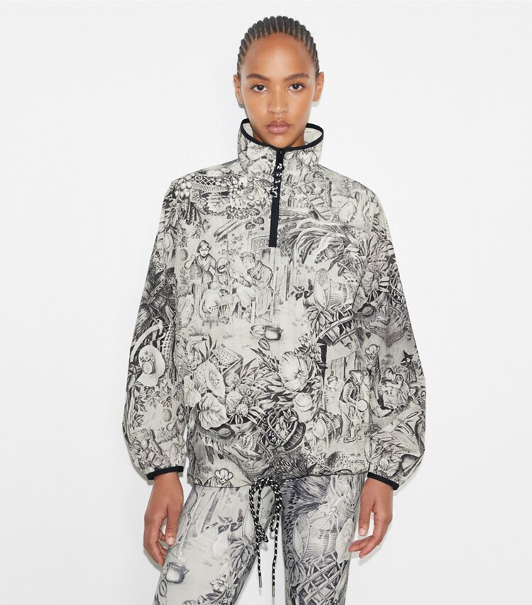 Tory Sport diseñador chaquetas Chaqueta de nailon ripstop en Grey Alien Toile detalle en modelo