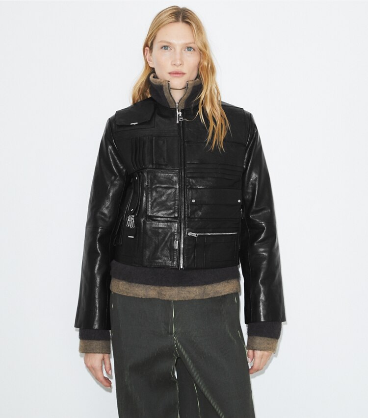 Tory Burch diseñador chaquetas Chaqueta de piel Handbag en Black detalle en modelo