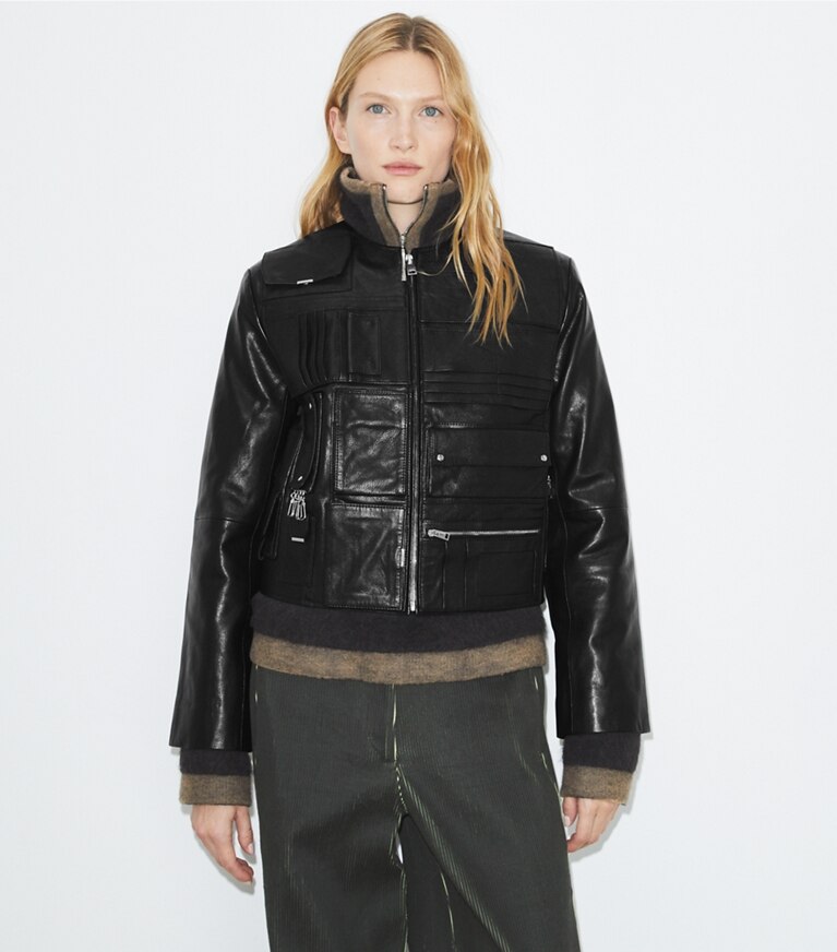 Tory Burch diseñador chaquetas Chaqueta de piel Handbag en Black detalle en modelo