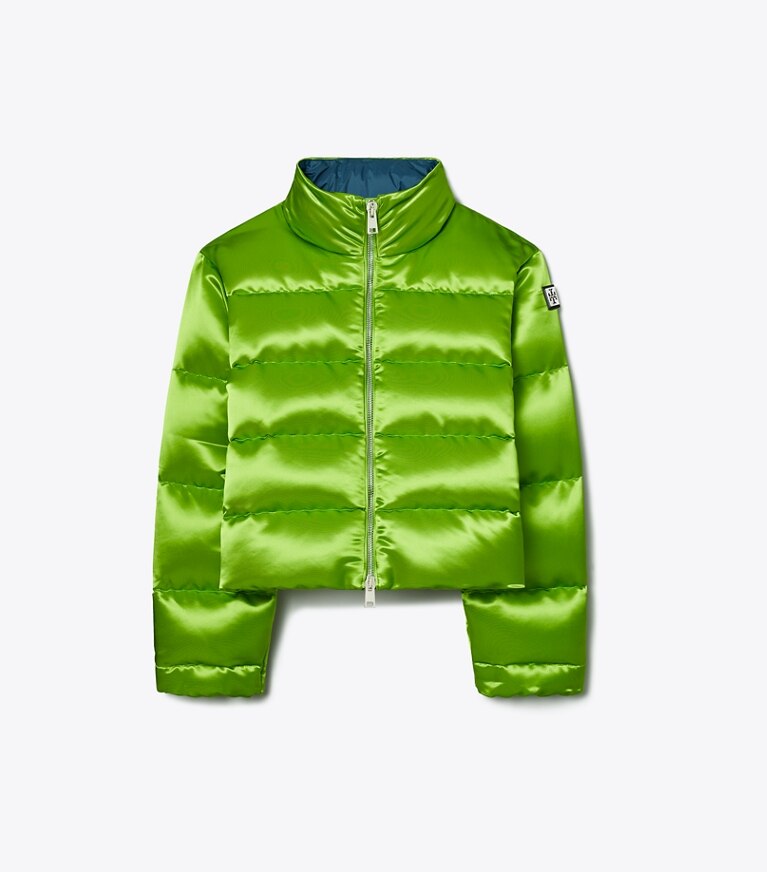 Tory Sport diseñador abrigos Chaqueta de plumón de satén en Brilliant Green frente