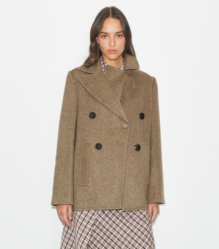 Tory Burch diseñador abrigos Chaqueta de sarga holgada en Mocha detalle en modelo