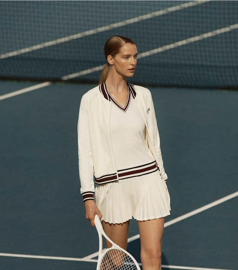 Tory Burch diseñador chaquetas Chaqueta de tenis de punto técnico en Snow White campaña