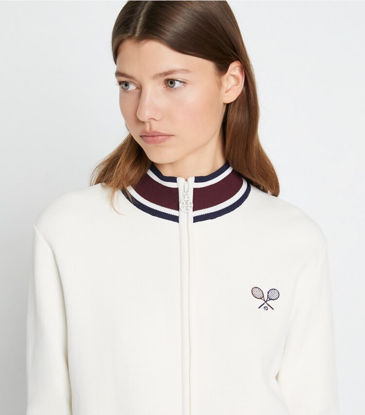 Tory Burch diseñador chaquetas Chaqueta de tenis de punto técnico en Snow White detalle en modelo