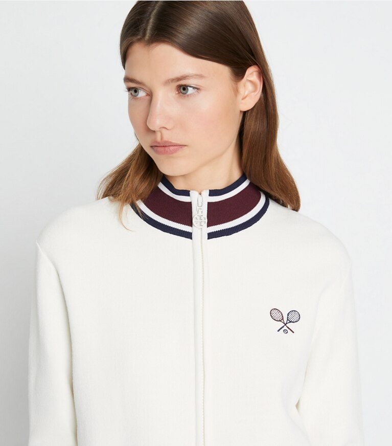 Tory Burch diseñador chaquetas Chaqueta de tenis de punto técnico en Snow White detalle en modelo