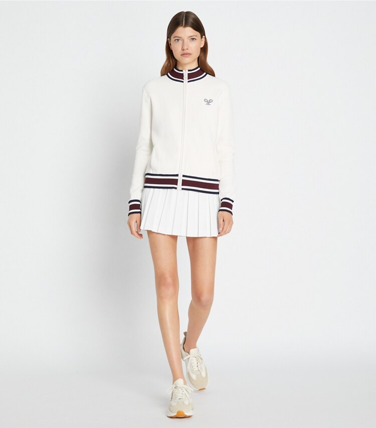 Tory Burch diseñador chaquetas Chaqueta de tenis de punto técnico en Snow White frente en modelo
