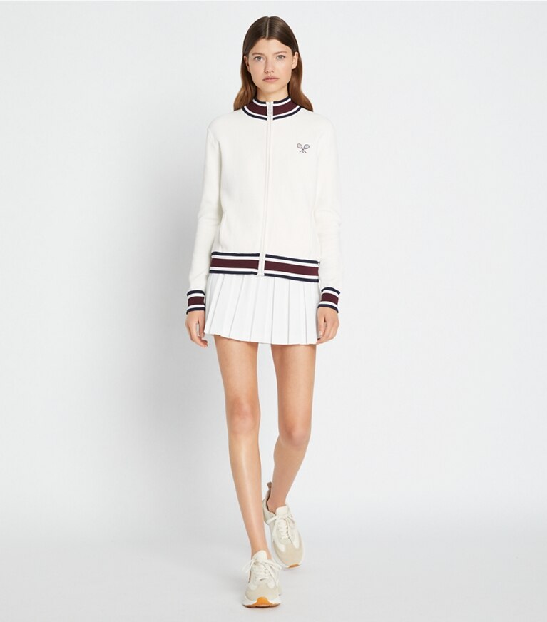 Tory Burch diseñador chaquetas Chaqueta de tenis de punto técnico en Snow White frente en modelo