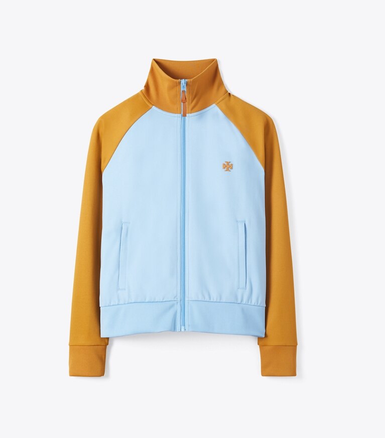 Tory Sport diseñador chaquetas Chaqueta deportiva de punto doble con bloque de color en Pastel Blue / Ridge frente
