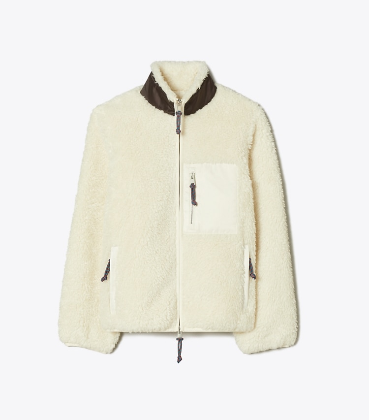 Tory Burch diseñador abrigos Chaqueta polar con bloques de color en Ivory frontal