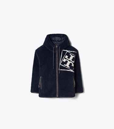 Tory Burch diseñador abrigos Chaqueta polar con logotipo en Medium Navy frente