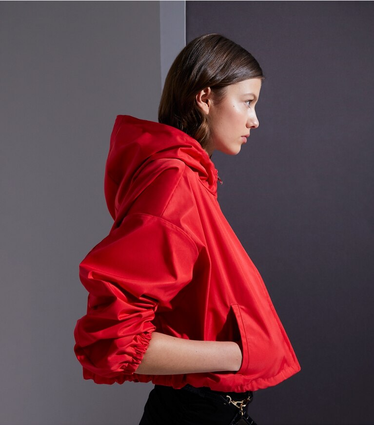Tory Sport diseñador chaquetas Chaqueta recortada de lona de doble faz en Vermillion estudio
