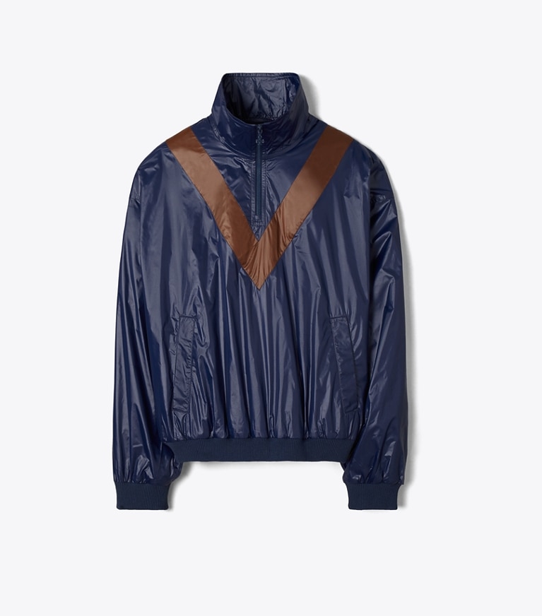 Tory Burch diseñador chaquetas Chaqueta rompevientos de nylon con diseño chevron en Navy / Brown Sepia frente
