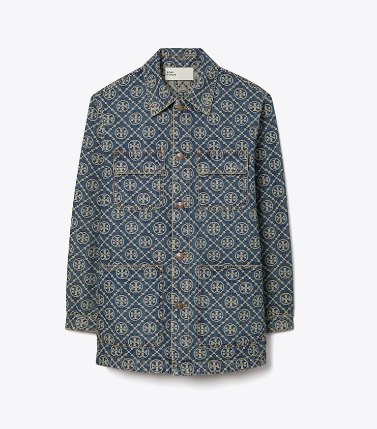 Tory Burch diseñador chaquetas Chaqueta tipo cargo granero de mezclilla en T-Monogram Vintage Wash frente