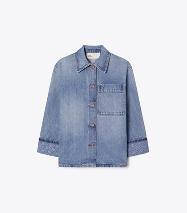 Tory Burch diseñador chaquetas Chaqueta tipo granero de mezclilla en Light Vintage Wash frente