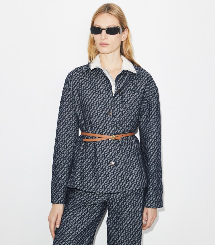 Tory Burch diseñador chaquetas Chaqueta tipo granero de mezclilla en T Link Stone Wash detalle en modelo