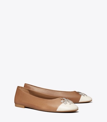Tory Burch designer flats Charlie Ballet in ALMOND FLOUR / LIGHT CREAM / SILVER angle