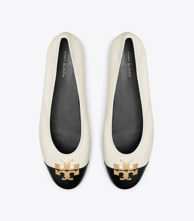 Tory Burch designer flats Charlie Ballet in LIGHT CREAM / PERFECT BLACK / GOLD overhead