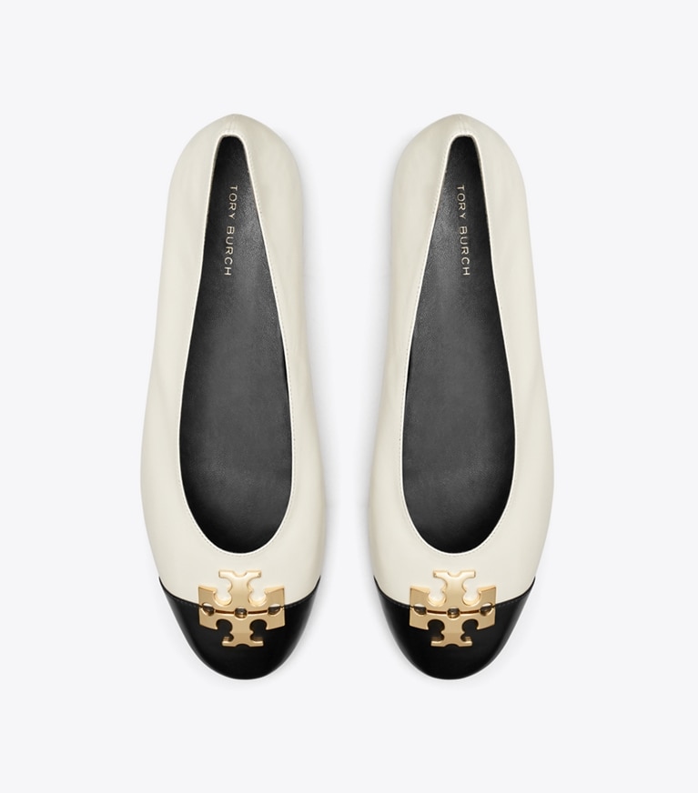 Tory Burch designer flats Charlie Ballet in LIGHT CREAM / PERFECT BLACK / GOLD overhead