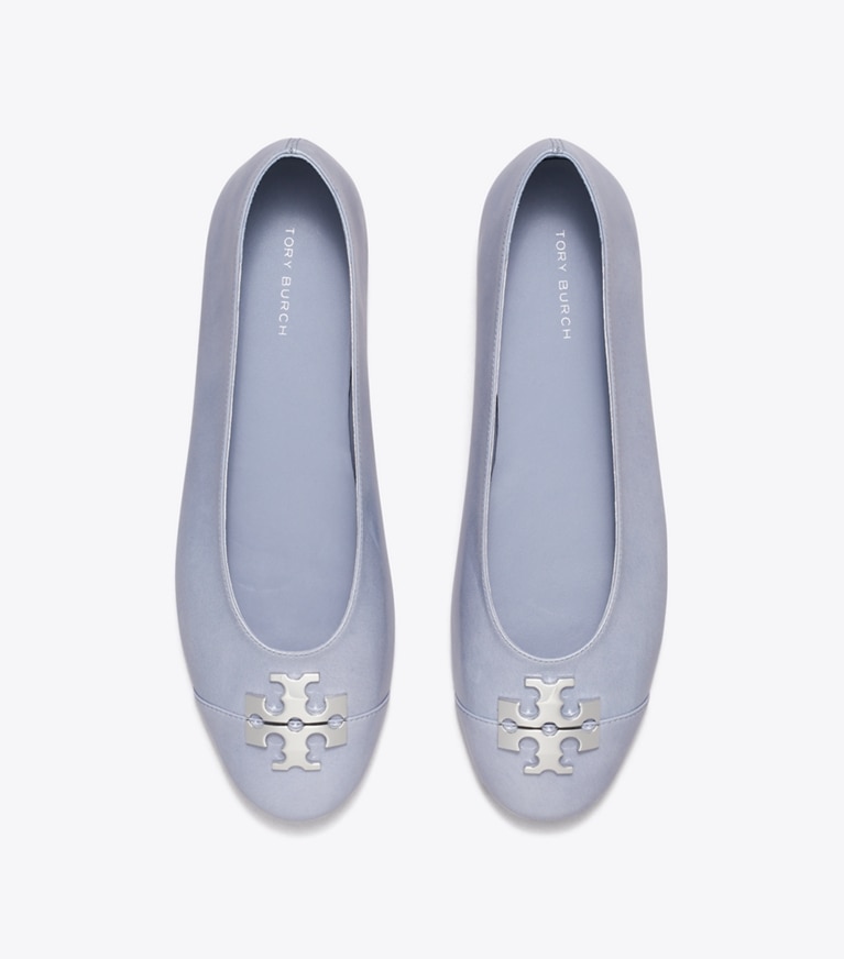 Tory Burch designer flats Charlie Ballet in VAPOR BLUE / SILVER overhead
