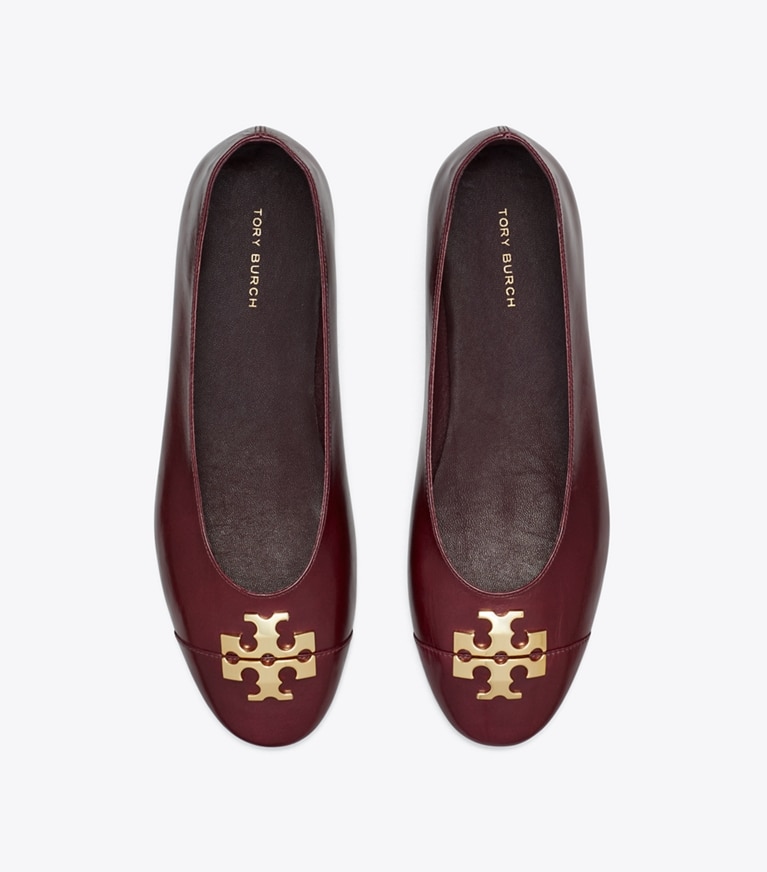 Tory Burch designer flats Charlie Ballet in MERLOT / GOLD overhead