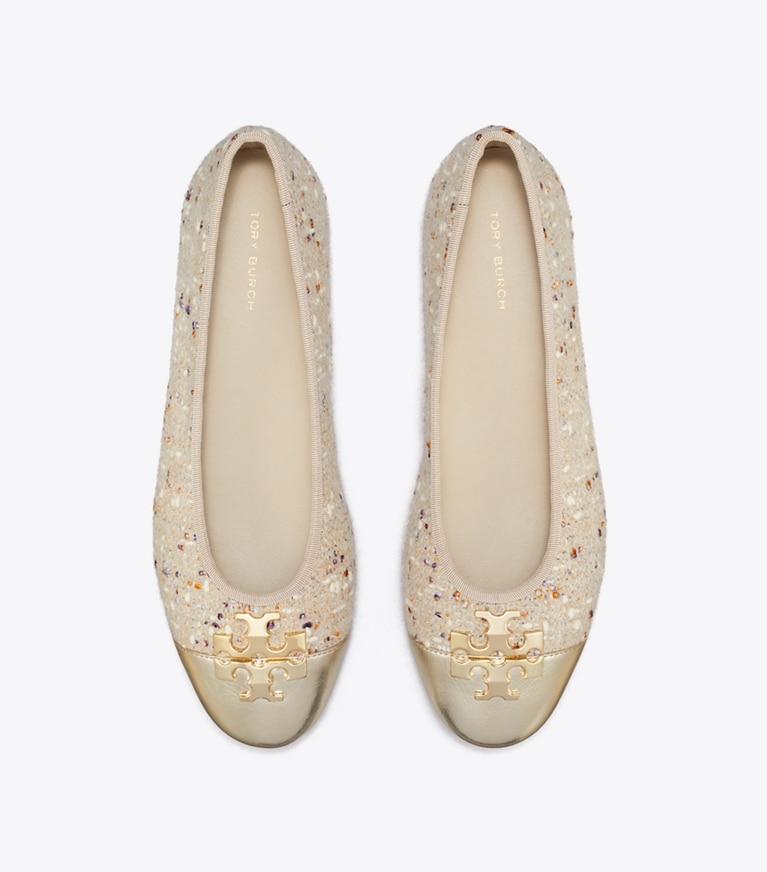 Tory Burch designer flats Charlie Ballet in Light Gray Multi / Gold overhead