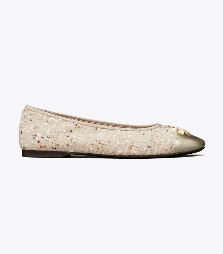 Tory Burch designer flats Charlie Ballet in Light Gray Multi / Gold side