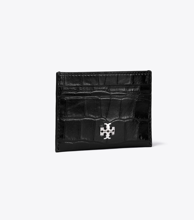 Tory Burch designer card cases Charlie Croc-Embossed Card Case in Black angle