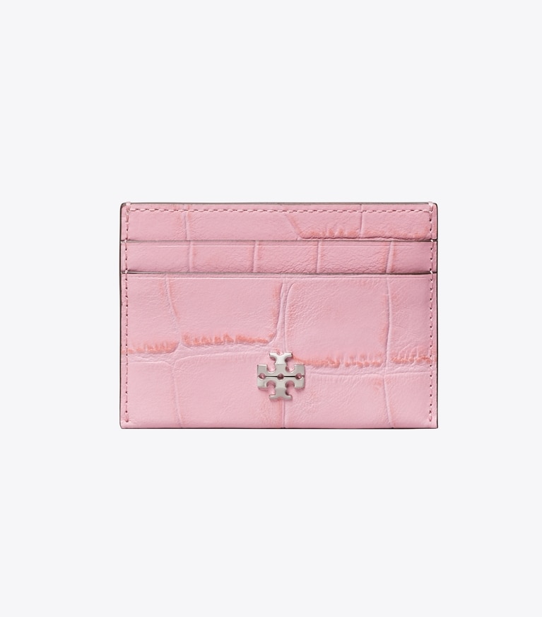 Tory Burch designer card cases Charlie Croc-Embossed Card Case in Rose Sunset front