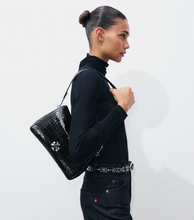 Tory Burch designer shoulder bags Charlie Croc-Embossed Shoulder Bag in Black accessory on model