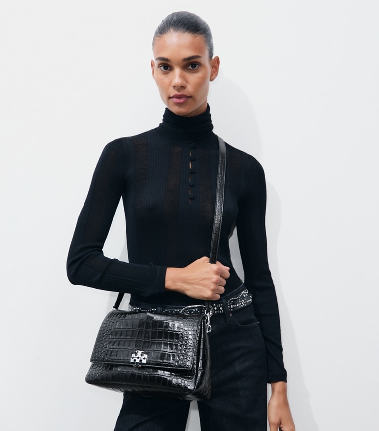 Tory Burch designer shoulder bags Charlie Croc-Embossed Shoulder Bag in Black additional on model