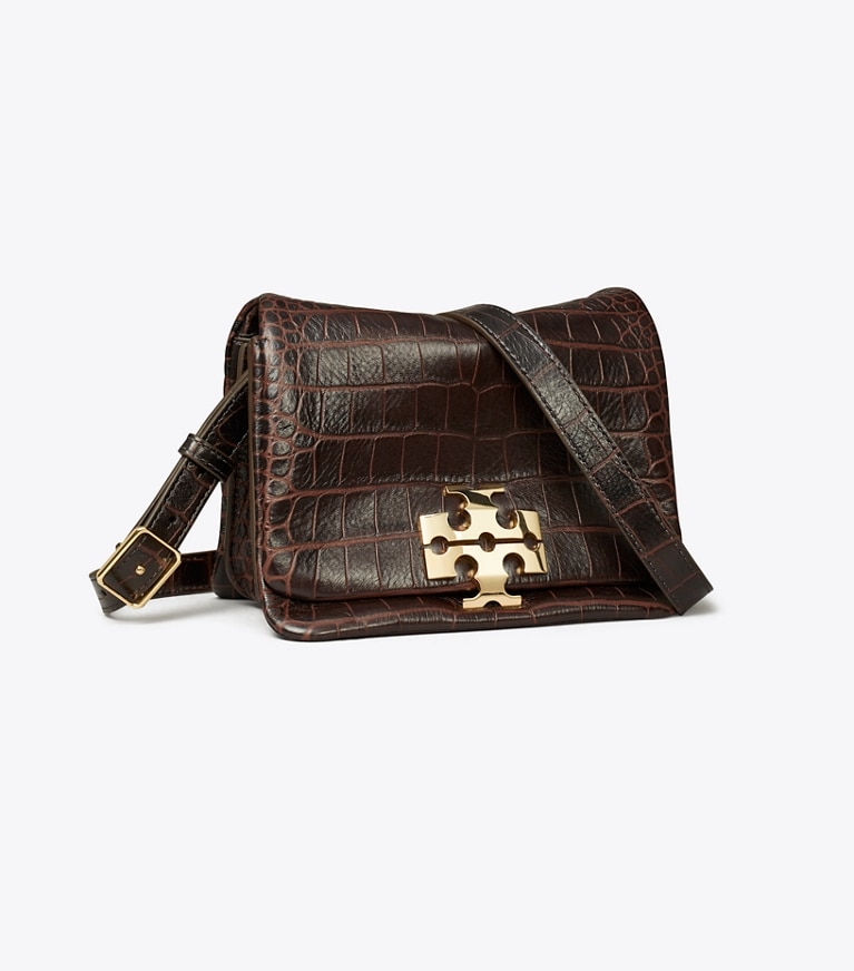 Tory Burch designer shoulder bags Charlie Croc-Embossed Shoulder Bag in Dark Brown angle