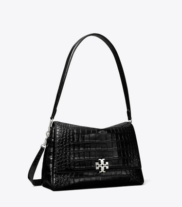 Tory Burch designer shoulder bags Charlie Croc-Embossed Shoulder Bag in Black angle