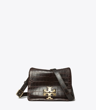 Tory Burch designer shoulder bags Charlie Croc-Embossed Shoulder Bag in Dark Brown front