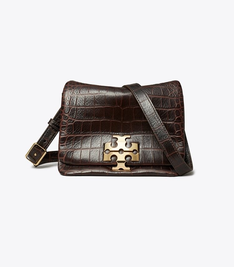 Tory Burch designer shoulder bags Charlie Croc-Embossed Shoulder Bag in Dark Brown front