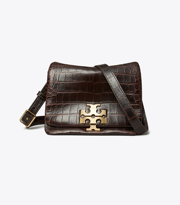 Tory Burch designer shoulder bags Charlie Croc-Embossed Shoulder Bag in Dark Brown angle