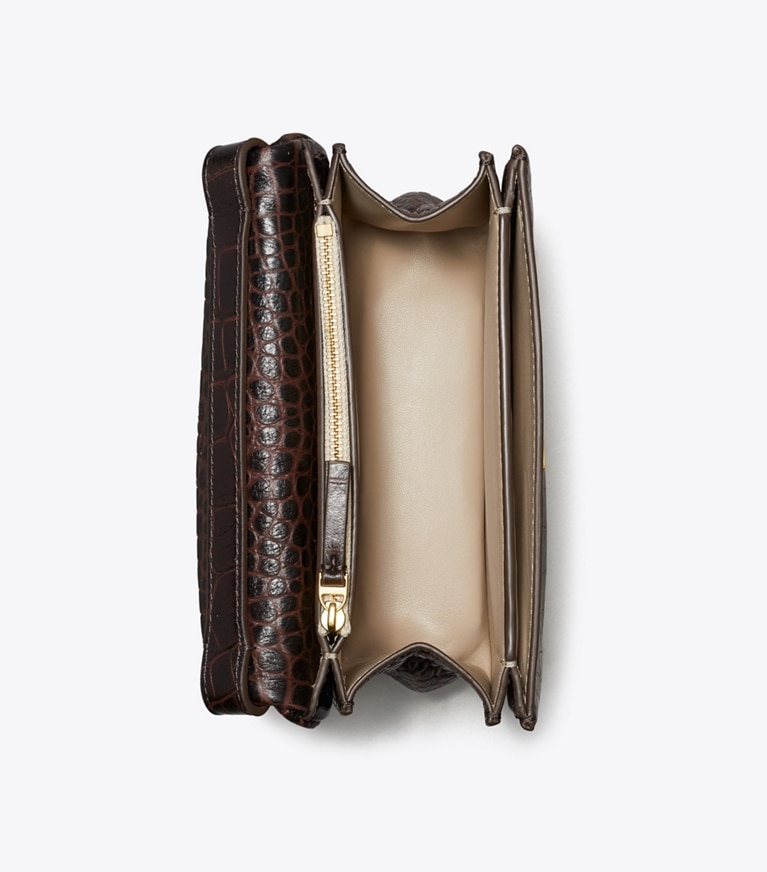 Tory Burch designer shoulder bags Charlie Croc-Embossed Shoulder Bag in Dark Brown angle