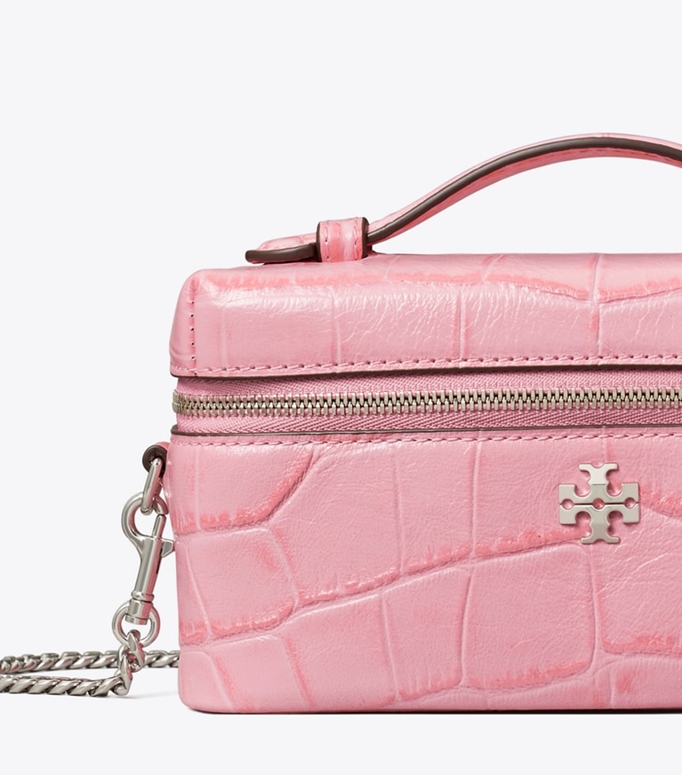 Tory Burch designer crossbody bags Charlie Croc-Embossed Vanity Case in Rose Sunset detail