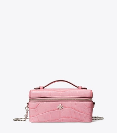 Tory Burch designer crossbody bags Charlie Croc-Embossed Vanity Case in Rose Sunset front