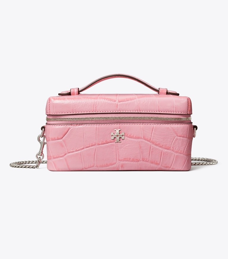 Tory Burch designer crossbody bags Charlie Croc-Embossed Vanity Case in Rose Sunset front