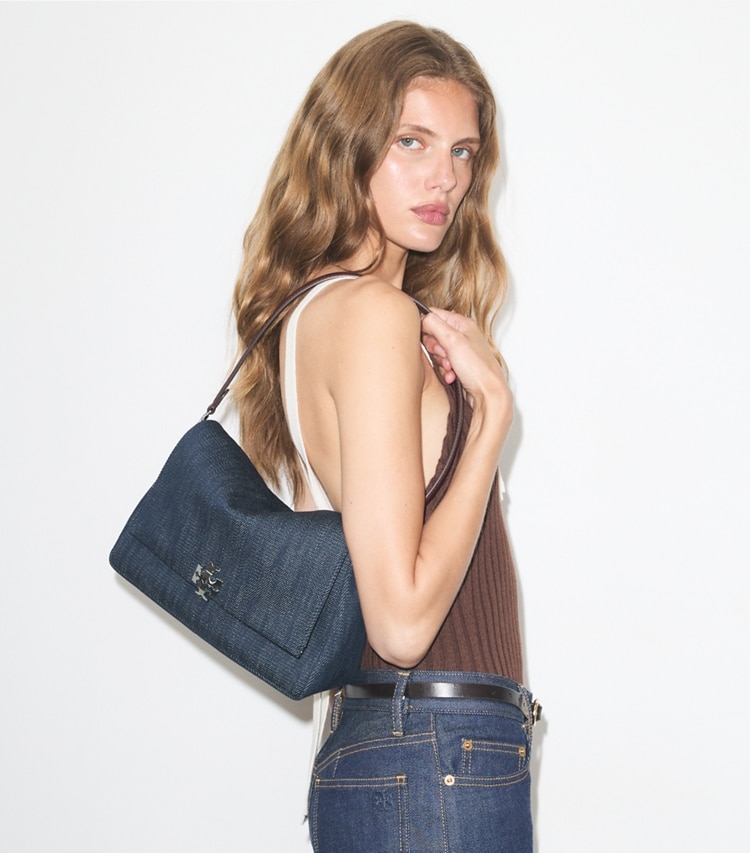 Tory Burch designer shoulder bags Charlie Denim Shoulder Bag in Midnight accessory on model