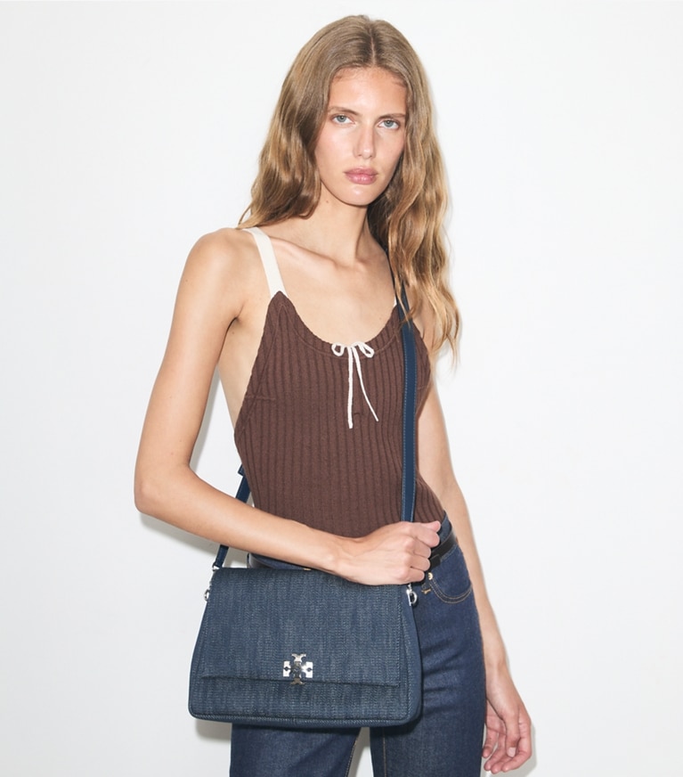 Tory Burch designer shoulder bags Charlie Denim Shoulder Bag in Midnight additional on model