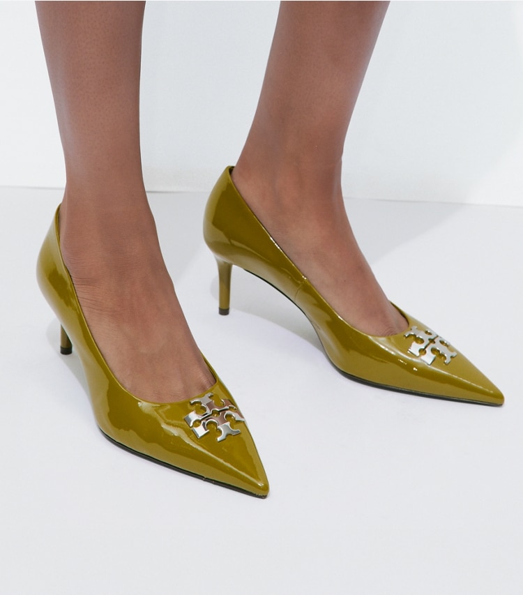 Tory Burch designer heels Charlie Pump in MOSS / SILVER accessory on model